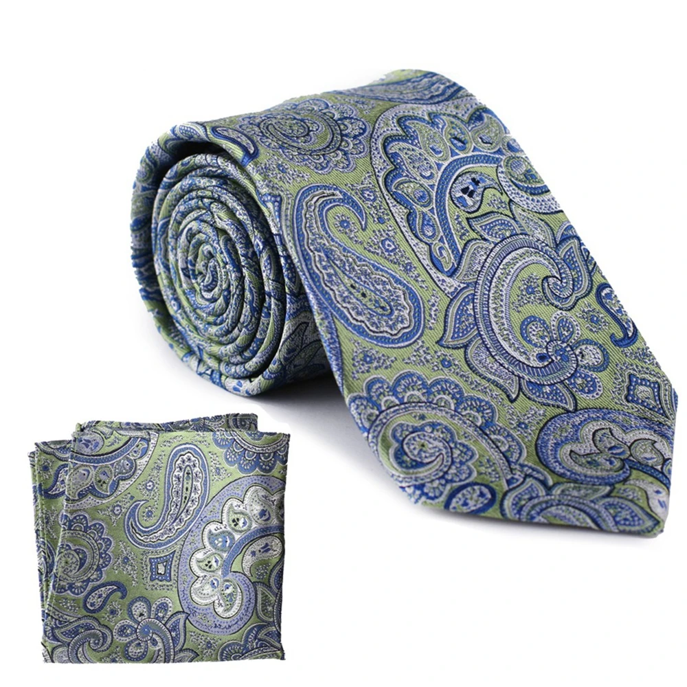 

TH-F001A Men's Blue and Green Paisley Silk Necktie Pocket Square Set