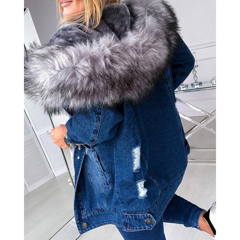 Autumn Women Vintage Hooded Denim Jackets Wth a Large Fluffy Collar Frayed Design Buttoned Overcoat