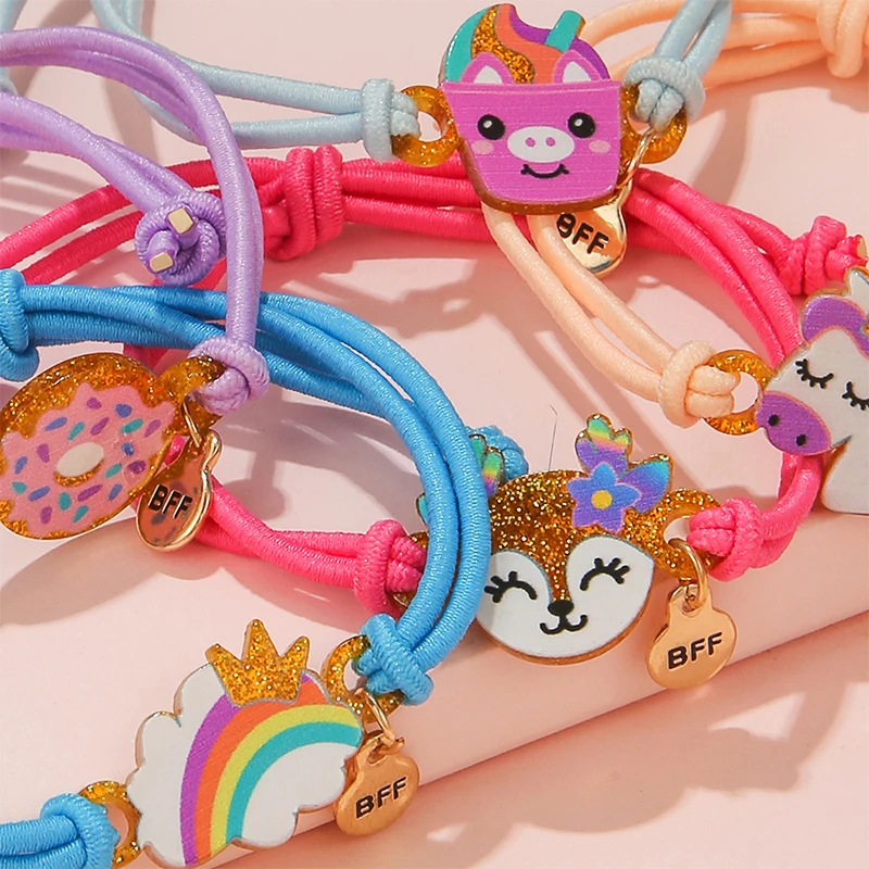 5Pack Cute Unicorn Donut Rainbow Bear Butterfly Charm Elastic Rope Bracelet for Girl Hairband Use Friendship BFF Gifts