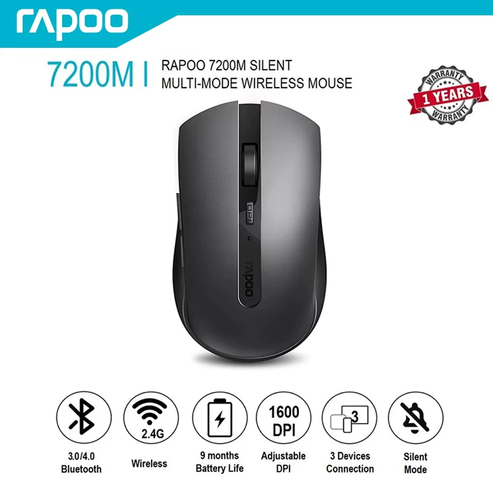 Rapoo Mouse 7200M nirkabel Multi Mode, Mouse Bluetooth tanpa suara 1600DPI Bluetooth 3.0/4.0 RF 2.4GHz untuk tiga perangkat Connect