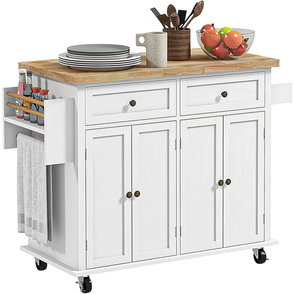 HOMCOM Kitchen Island Cart with Rubber Wood Top, Rolling Kitchen Island Table on Wheels with Drawers, Adjustable Shelves, Spice