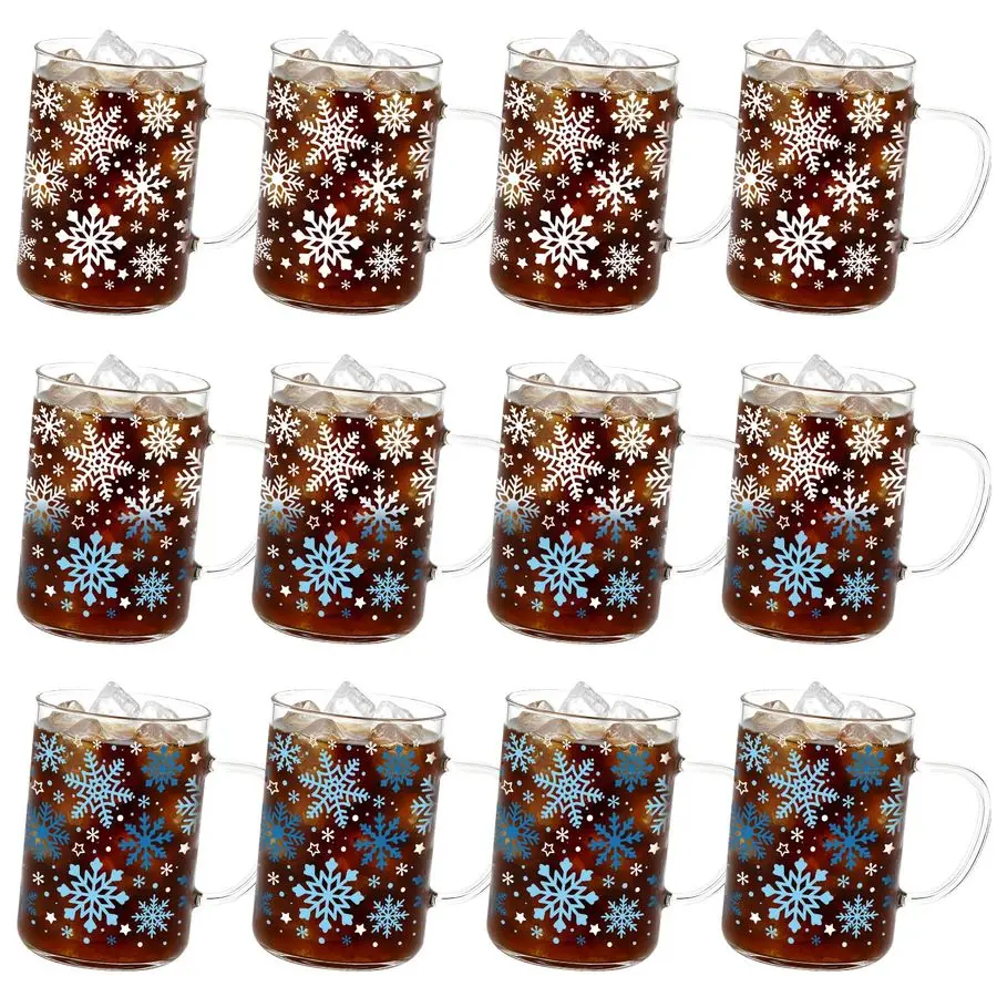 

12 Set Christmas Gifts 16 oz Winter Snowflake Glass Mugs Bulk, Color Changing Christmas Coffee Mugs with Handle, Winter Iced Cof
