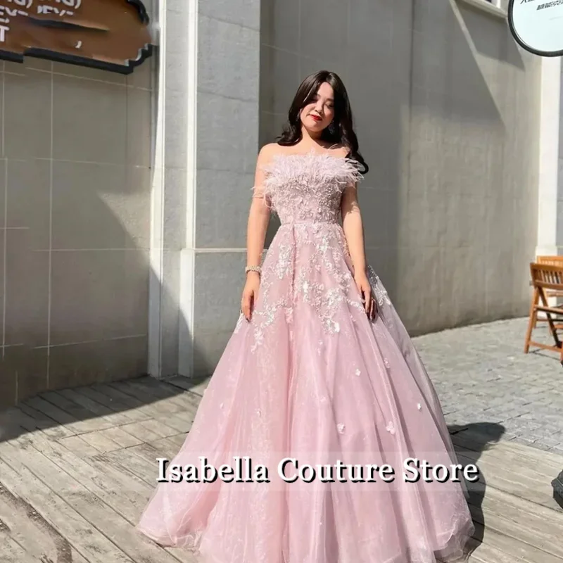 Customized Fashion Sexy Classic Retro Organza Applique Sequined Feather A-line Strapless Long Dresses Prom Dresses Exquisite Hig