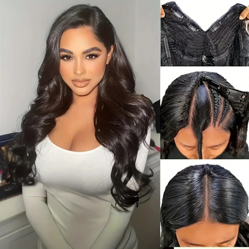 Parrucche con parte a V Parrucca per capelli umani con onda del corpo Glueless Parrucca per capelli umani a forma di V Parrucche fatte a macchina Hd in pizzo per le donne Clip a testa intera senza lasciare fuori