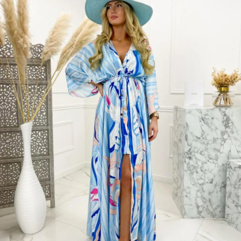 2023 Women Gorgeous Boho Print Maxi Beach Dress Summer Deep V Slit Elastic Waist Party Dress Elegant Holiday Long Dress Vestidos