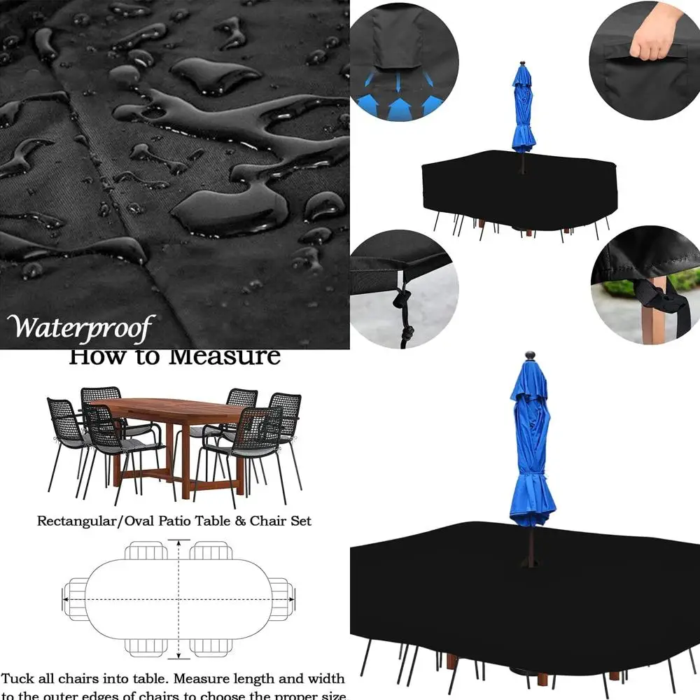

Waterproof Black Outdoor Rectangular Patio Table & Chair Set Cover with Umbrella Hole, 108 Inch