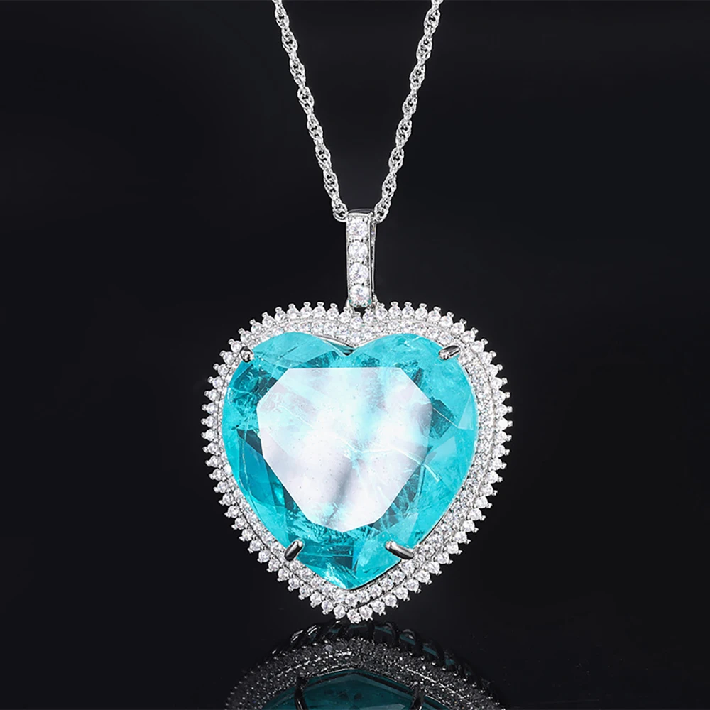 Vintage 32*32mm Heart-Shaped Pink Quartz Amethyst Paraiba Tourmaline Pendant Necklace for Women Gemstone Party Fine Jewel Gift