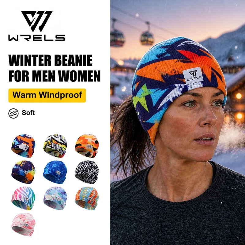 WRELS Hiking Skull Cap Fleece Warm Running Hat Helmet Liner Anti-Cold Camo Print Windproof Thermal Foldable Winter Beanie Cap