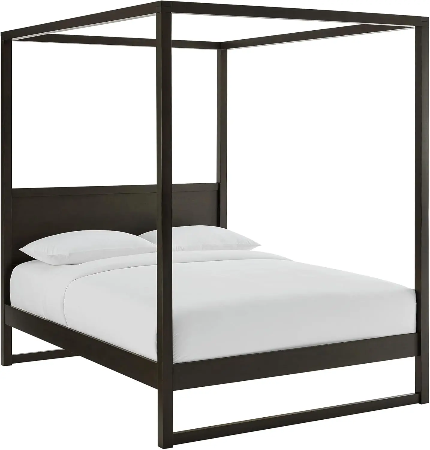 سرير بمظلة بمنصة خشبية مكون من 4 أعمدة من خشب البلوط المدخن مع لوح أمامي وإطار من الخشب المطاطي الصلب