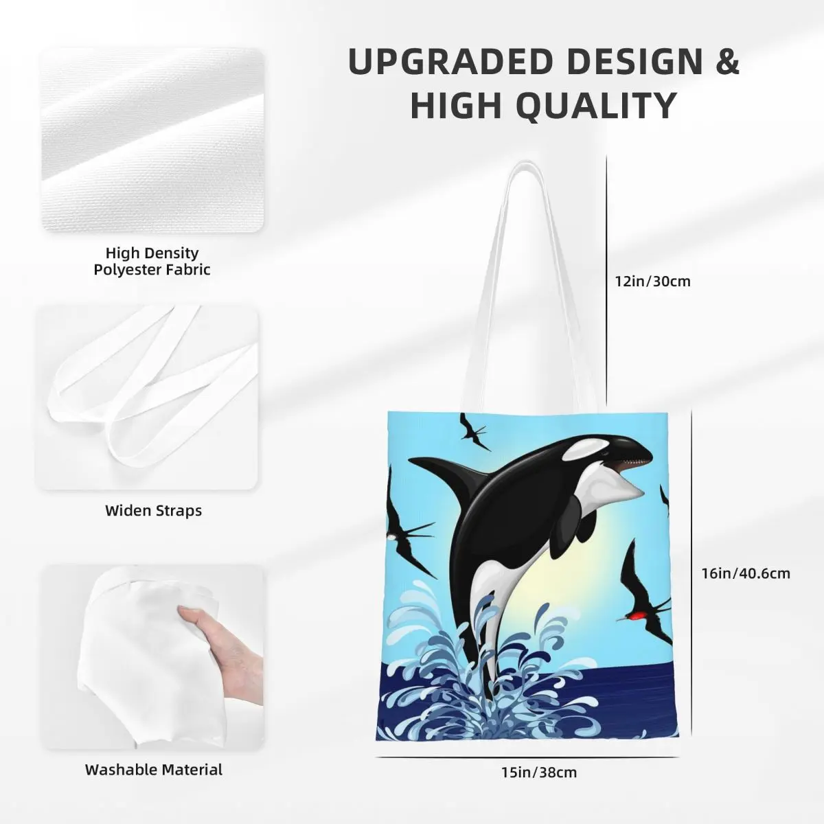 กระเป๋าช้อปปิ้งลายปลาวาฬนักล่าโอร์กากระโดดขึ้นจากมหาสมุทร กระเป๋าผ้าแคนวาสสำหรับผู้หญิง กระเป๋าโท้ทพับได้ กระเป๋าสะพายไหล่สำหรับผู้หญิง กระเป๋าถือสำหรับเดินทาง