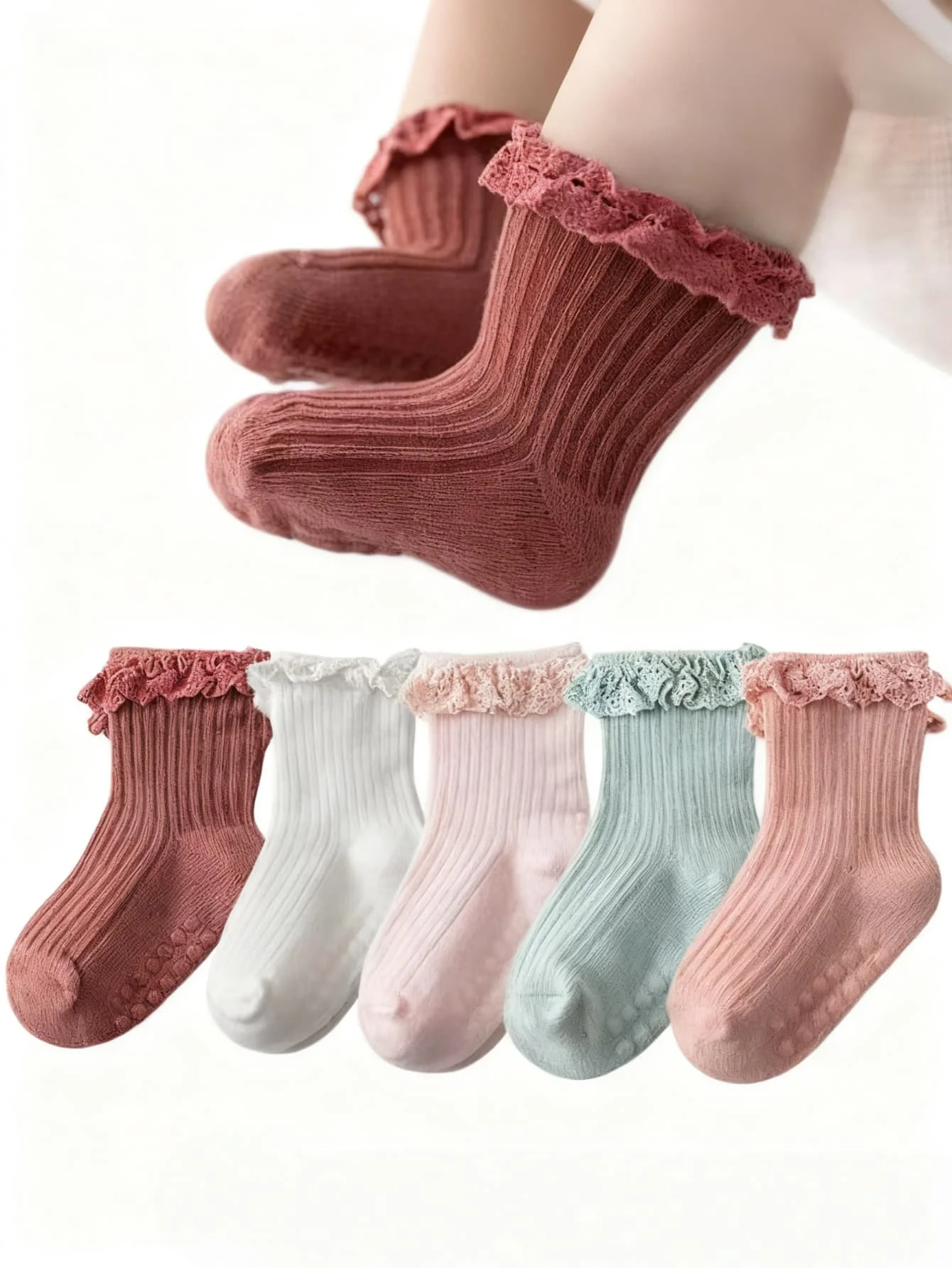 

Cute Anti-Slip Lace Trim Ruffle Socks, Soft Breathable Thin Socks For Newborn/0-2 Years Old, Suitable For Floors, Random Color,