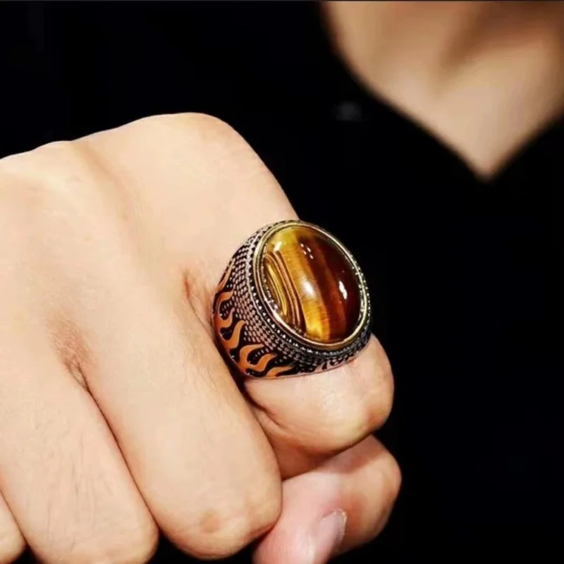 Men's Flame Tiger Eye Ring | Titanium Steel Gold Plated Retro Carving Design | Banquet Light Luxury Accessories | Size 7-13