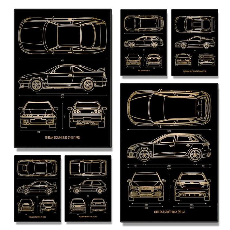 Cool Car Blueprint Poster Luxury Cars Canvas Painting HD Prints Wall Art Pictures for Living Room Boys Home Decor Aesthetic