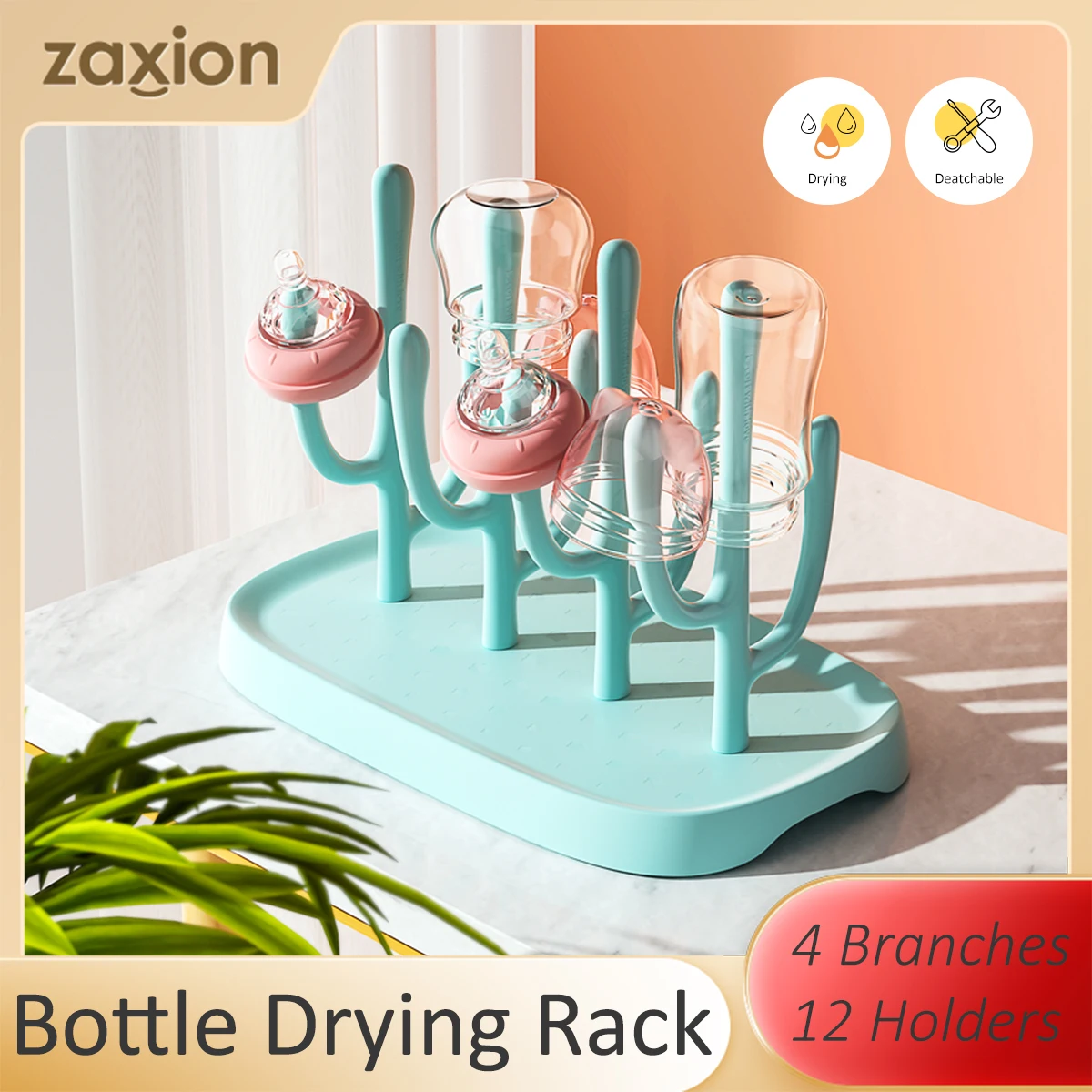 

Baby Bottle Drying Rack, Detachable Pegs with Drip Tray, Portable Countertop Organizer for Bottles/Cups/Nipples