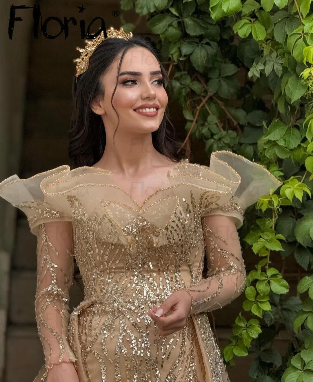 Vestido de fiesta de boda de manga larga con purpurina para mujer, vestidos de graduación de Color sólido con sobrefalda, vestido de compromiso de Dubai