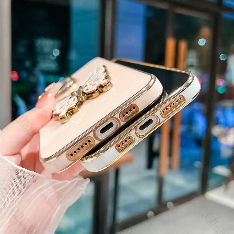 Luxury Butterfly Plating Holder Phone Case On For Xiaomi Mi Poco X2 X3 X4 X5 M3 M4 M5 F3 F4 NFC Pro 4G 5G GT C40 Stand Cover