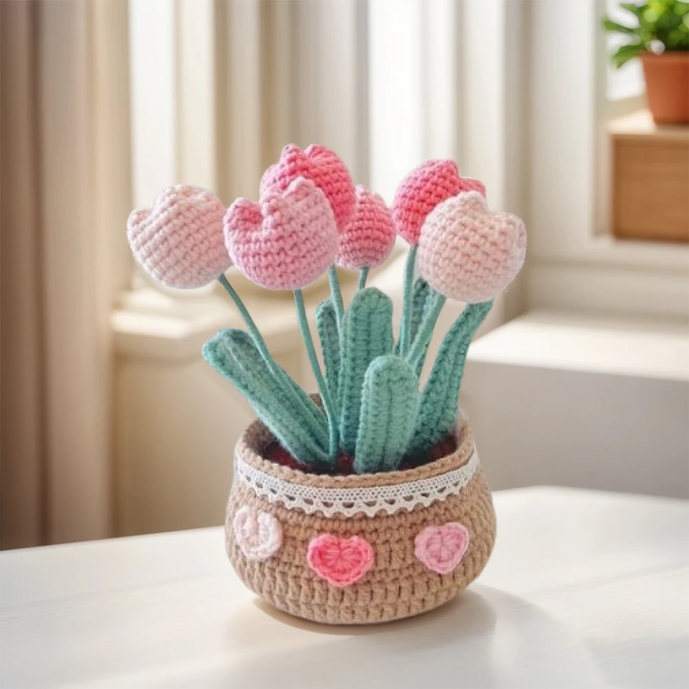 DIY Flower Potted Crochet Kit with Video Tutorials Hand-Knitted Cute Plant Wear Resist for Home Room Decor Desktop Ornament