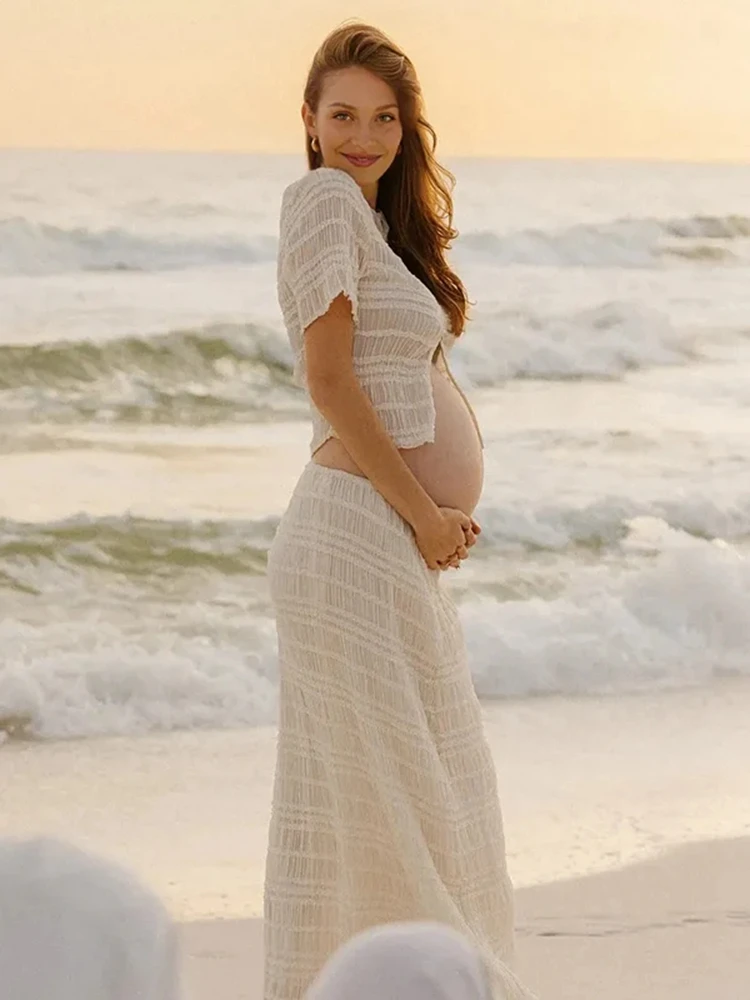 Maternity Photoshoot Outfit Crop Top Skirt Set White Pregnancy Photo Clothes Outdoor Beach Natural Pregnancy Photo Costume view 4