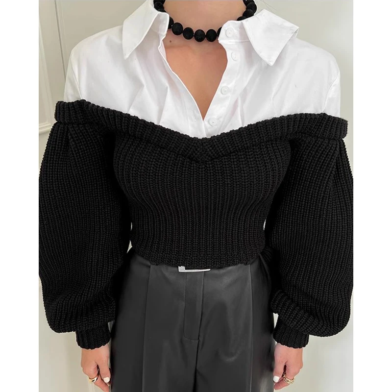 Tannt Maglioni da donna Manica a lanterna irregolare Pullover nero allentato Lavoro a maglia Asimmetrico Moda Allentato Casual Top lunghi in maglia