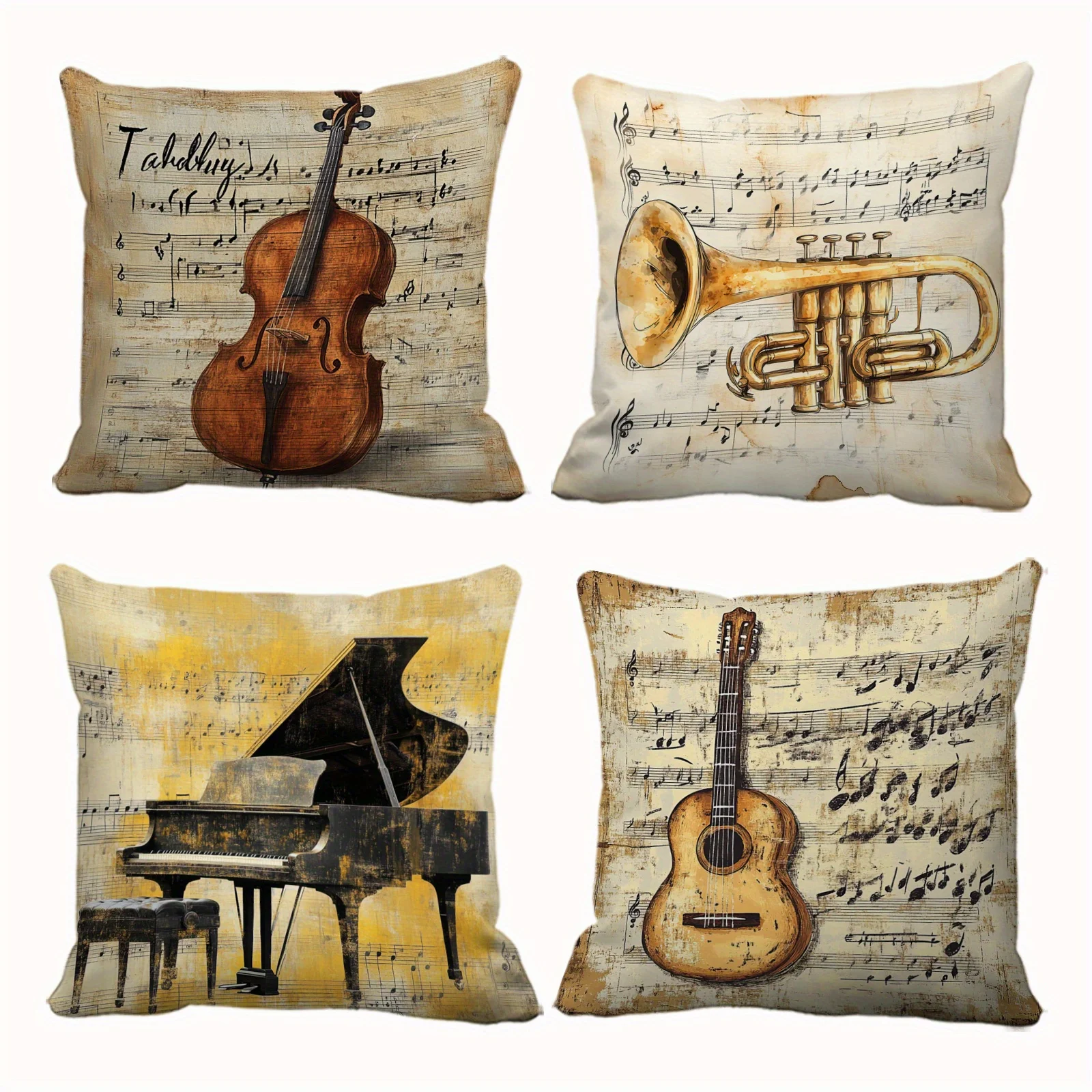 4pcs Vintage Musical Instrument Throw Pillow Covers Set - Soft Polyester, Zip Closure, Hand Washable - Perfect for Sofa, Bedroom