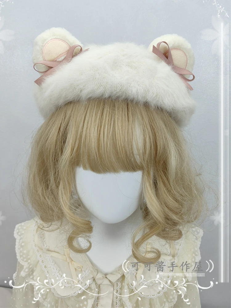 

Original Design Lolita Cute Sister Hat Plush Bear Ears Cat Ears Beret Autumn and Winter Rabbit Fur