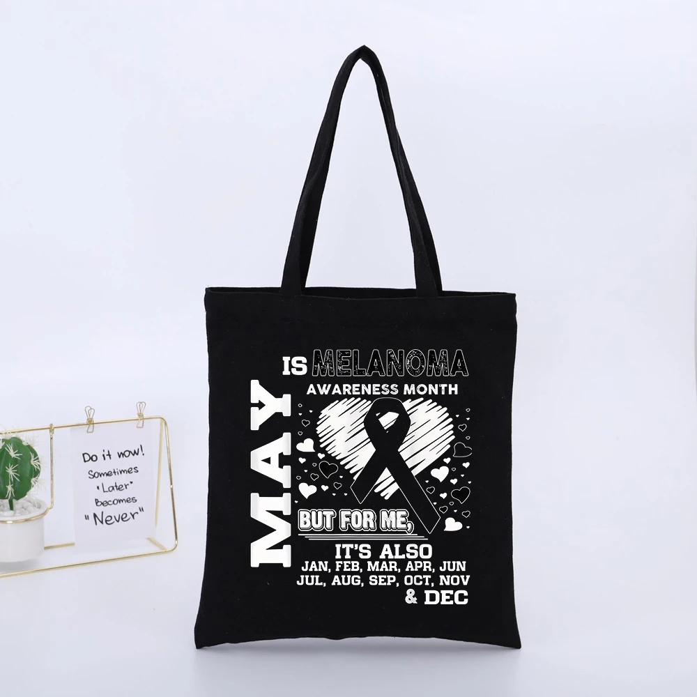 Awareness Supporter's Black Canvas Tote Bag with Ribbon and Typography Print, Casual Style for Daily Use