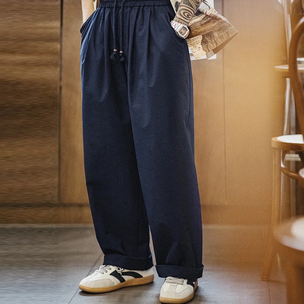Maden Casual Men's Lightweight Elastic Waist Seersucker Pants Loose Wide Leg Breathable Trousers Navy Blue Versatile Bottoms