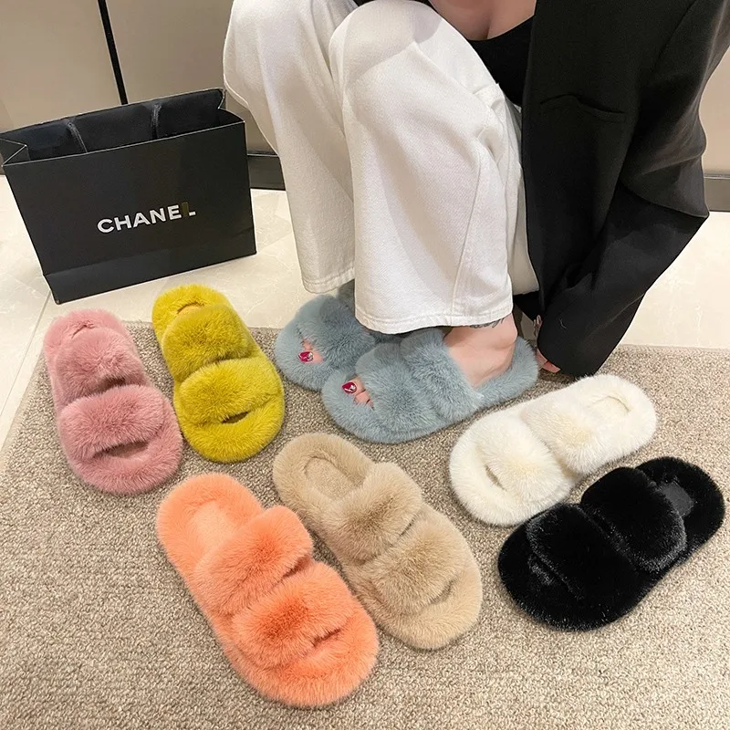 NEW Solid Color Women Winter House Furry Slippers Women Fluffy Fur Home Slides Flat Indoor Floor Shoes Ladies Fashion 2024