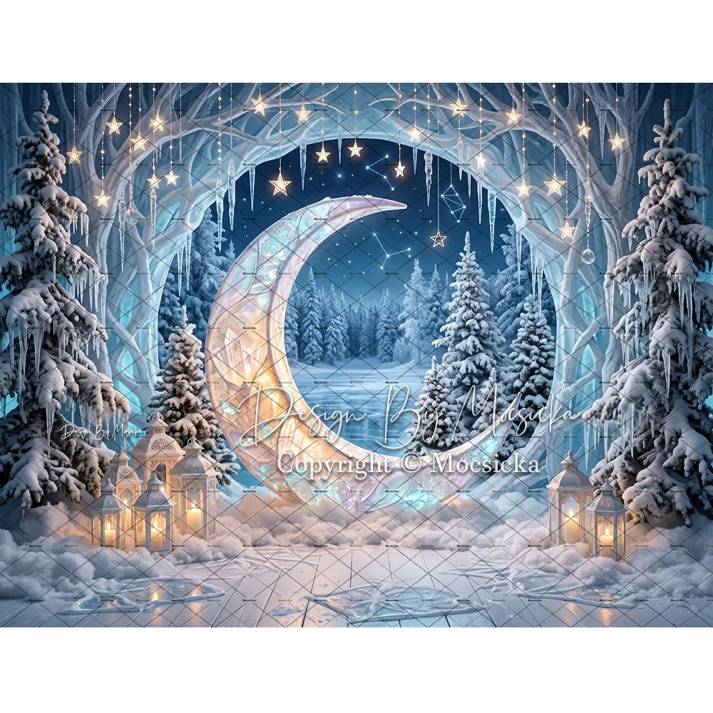 Mocsicka Frozen Forest Backdrop Photography Winter Glitter Lantern Moon Snowy Floor Background Winter Kids’ Holiday Studio Photo