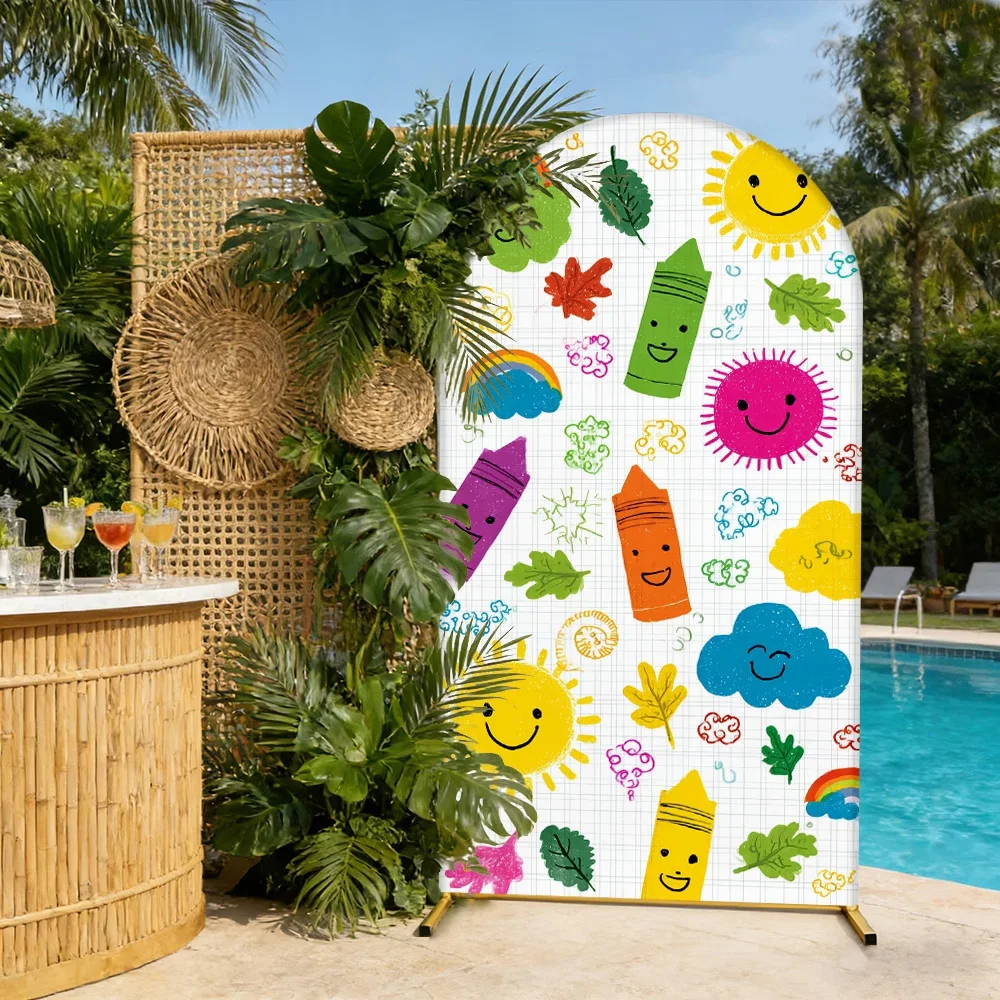 Colorful Crayons And Sunshine Pattern Photo Backdrop Kids Happy Birthday Cake Table Background Rainbow Cloud Chiara Arch Cover