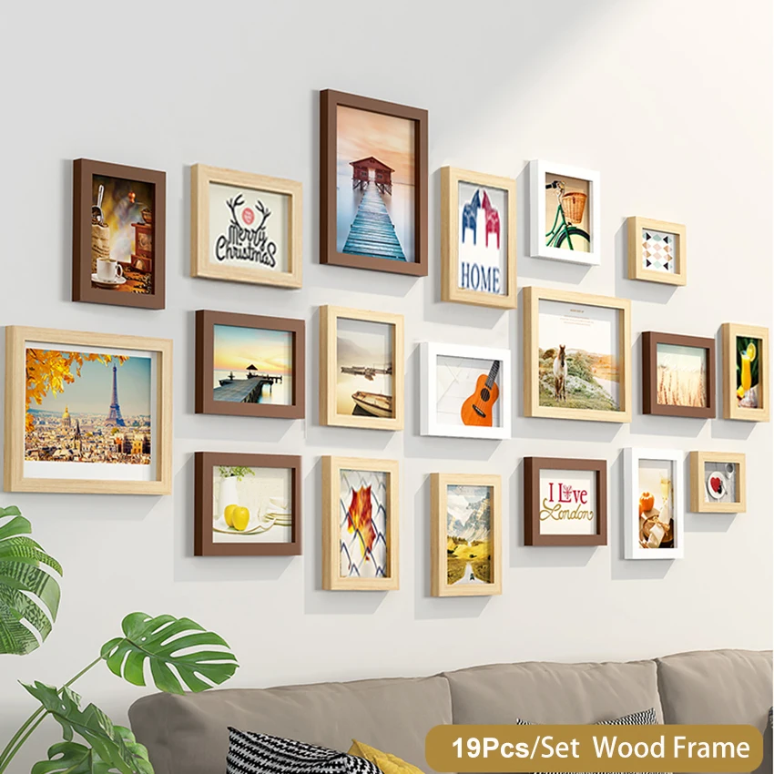 14 or 19Pcs/Set Wood Photo Frames For Pictures Wall Picture Frame Wooden Frame Wall Hanging Photo Decor Wedding Party Home Decor