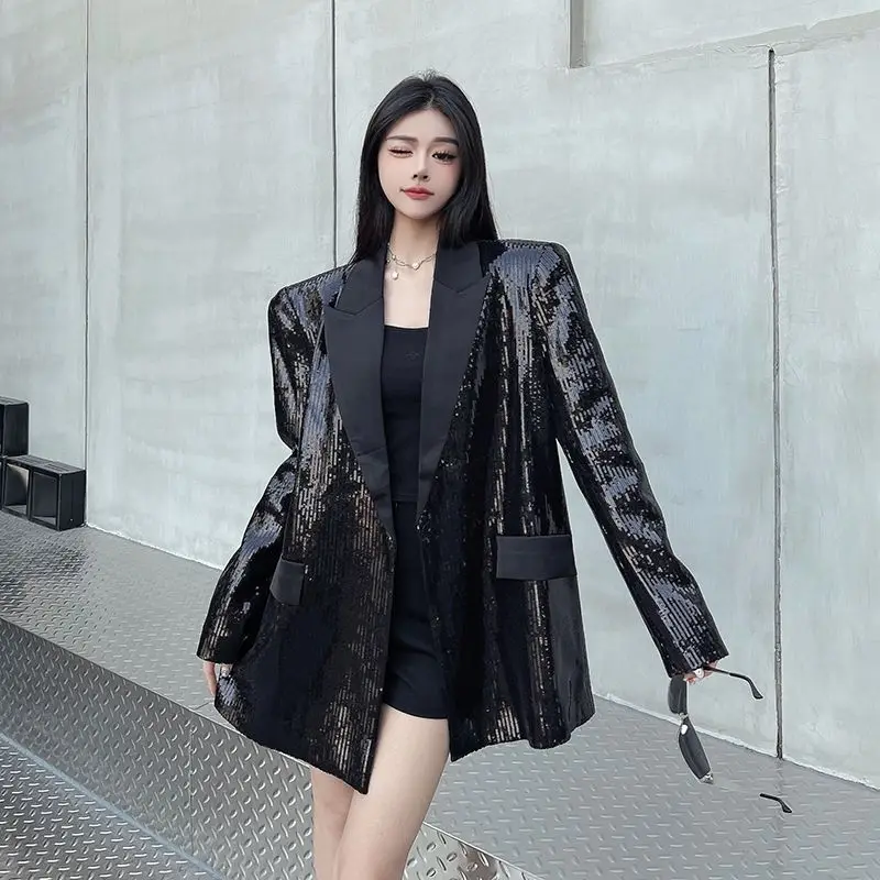 Design Sense Niche Black Sequined Blazer Women's 2025 Spring New Loose Temperament Shoulder Padded Suit Top