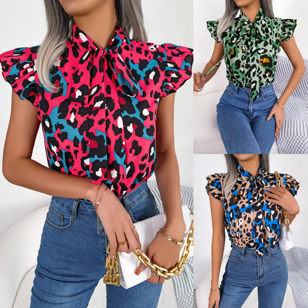 

2025 Summer Women's Shirt Leopard Print Wooden Ears Sleeve Chiffon Top For Women Casual Lace Up Tees Women's Summer Blouse