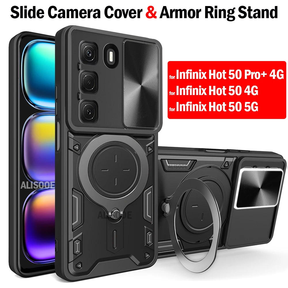 Slide Camera Funda for Infinix Hot 50 Pro Plus 4G Case Armor Slide Lens Magnetic Ring Stand Cover for Infinix Hot 50 5G Capa