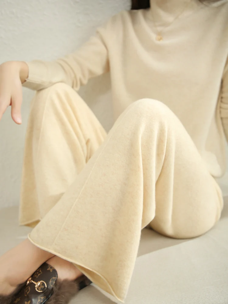 

New Wide Leg Pants Autumn Winter Women 100% Merino Wool Knitted Basic Soft Warm Cashmere Knit Trousers Casual Drawstring Design