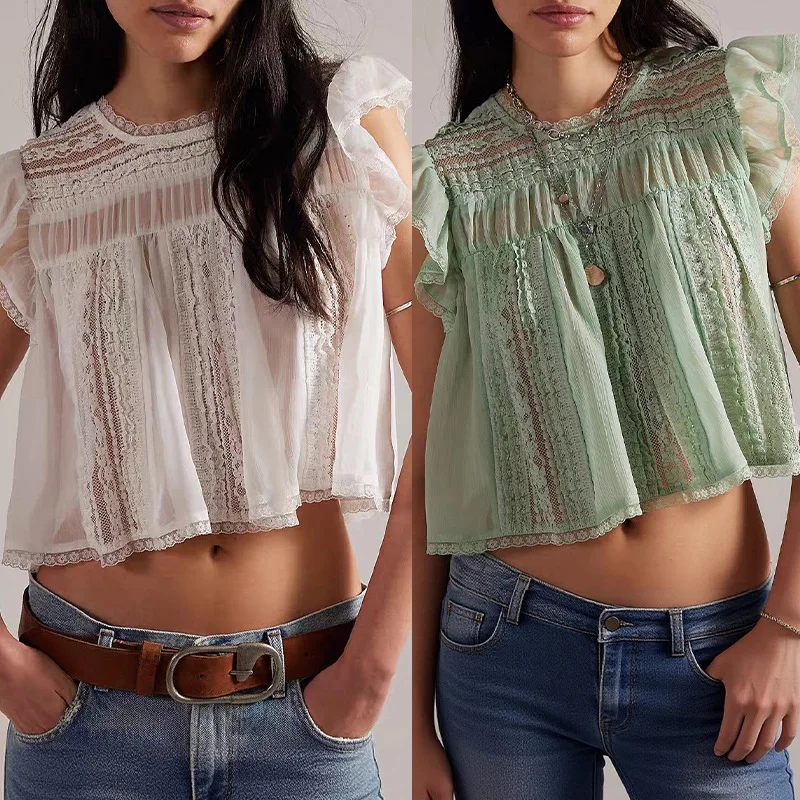 

Withered 2026 Summer Refreshing High Color Lace Lace Splicing Small Flying Sleeves Loose Top Blouses Women's Clothes Shirts Tops