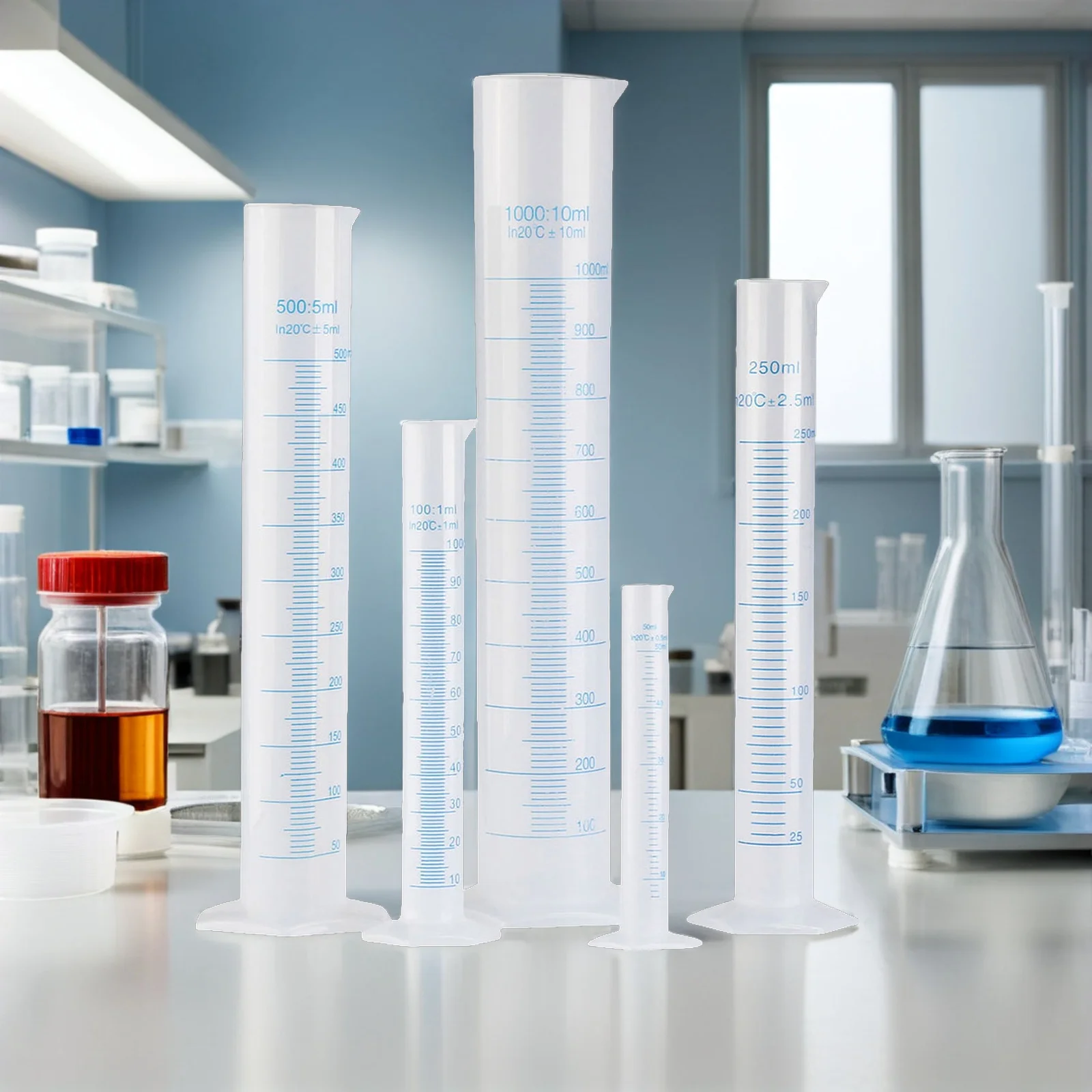 5 قطعة مجموعة اسطوانة قياس اسطوانة بلاستيكية شفافة متدرجة لمختبر مدرسة العلوم الكيمياء