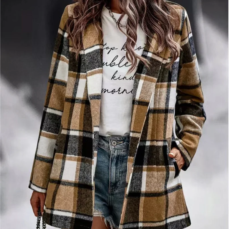 2023 Autumn/Winter New Age Reducing Lazy Style Simple Slim Loose Plaid Print Long Sleeve Pocket Suit Collar Woolen Female Coat