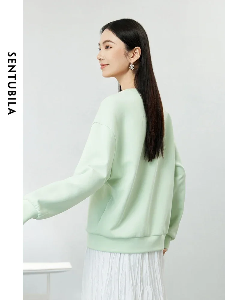 SENTUBILA Casual Oversized Cotton Sweatshirt for Women 2024 Autumn New O-neck Button Printing Drop Long Sleeve Tops 141A53412