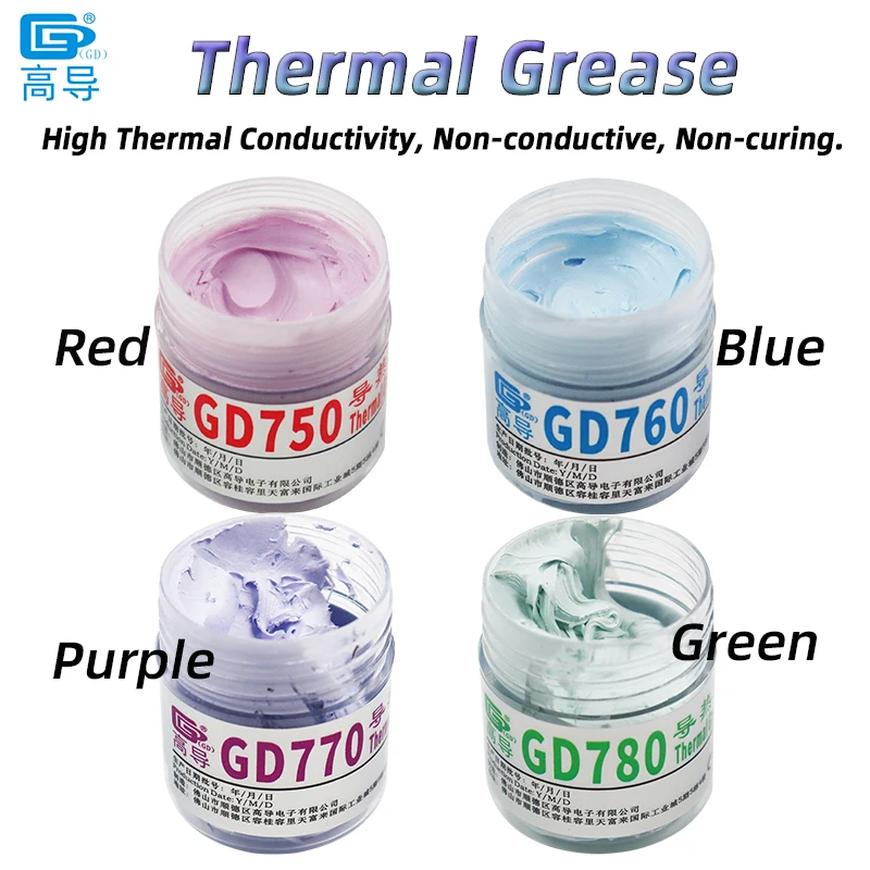 GD760 Thermal Paste Conductive Grease Silicone Plaster Heat Sink Compound Red Blue Purple Green 30 Grams Bottle Packaging CN30