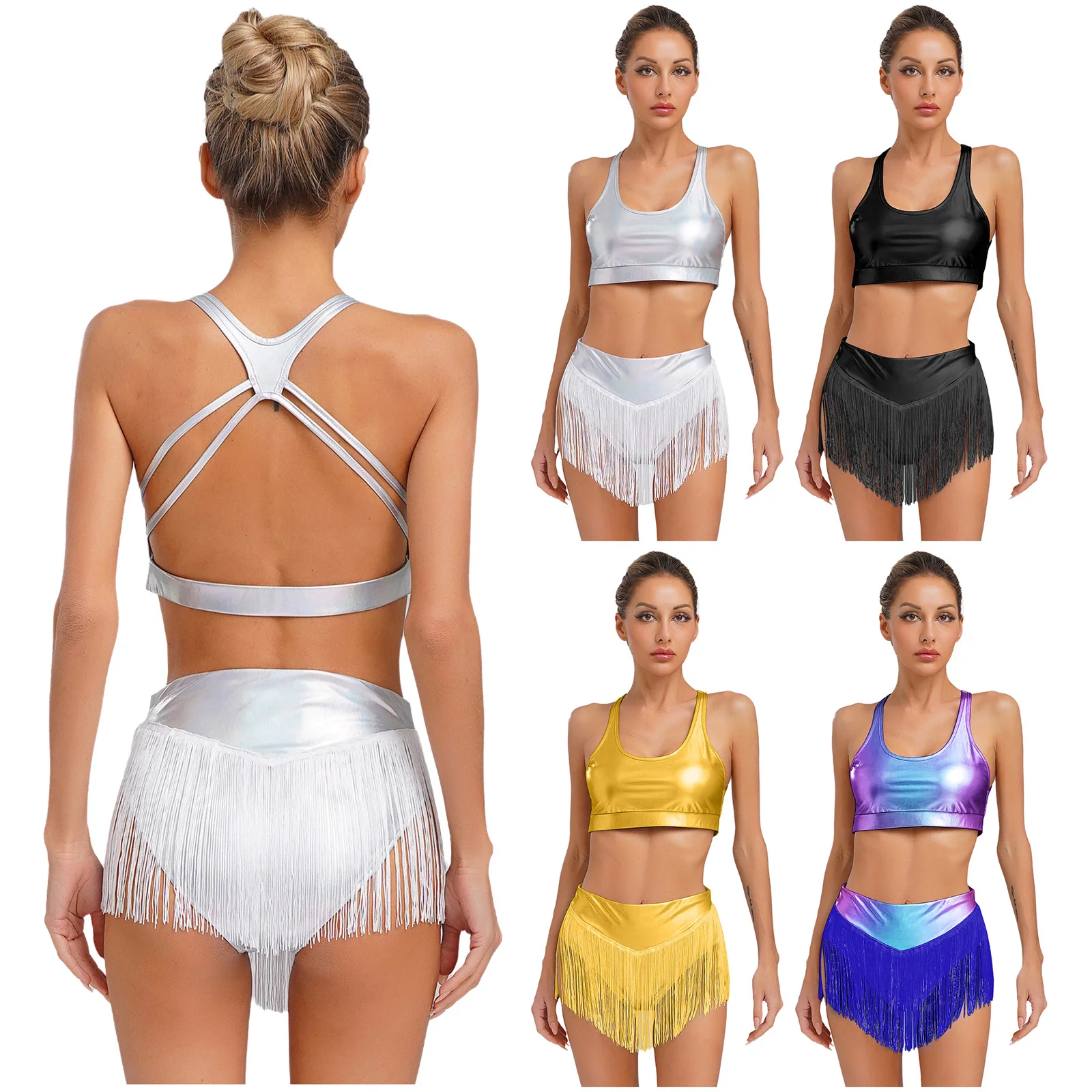 

Women Gymnastics Latin Samba Dance Set Shiny Backless Micro Top with High Waist Tassel Briefs for Latin Stage Showing Costumes