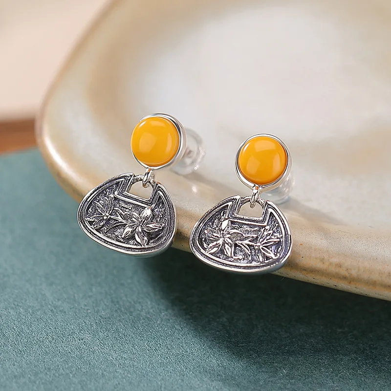 

S925 Sterling Silver Natural Amber Orchid Ruyi Round Style Design Earrings