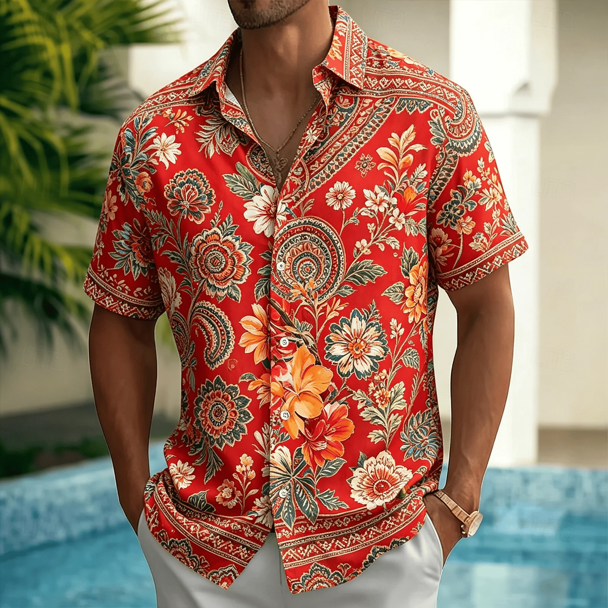 Men's Red Tiger Palm Tree Print Short Sleeve Shirt, Tropical Hawaiian Button Up Shirt for Spring & Summer