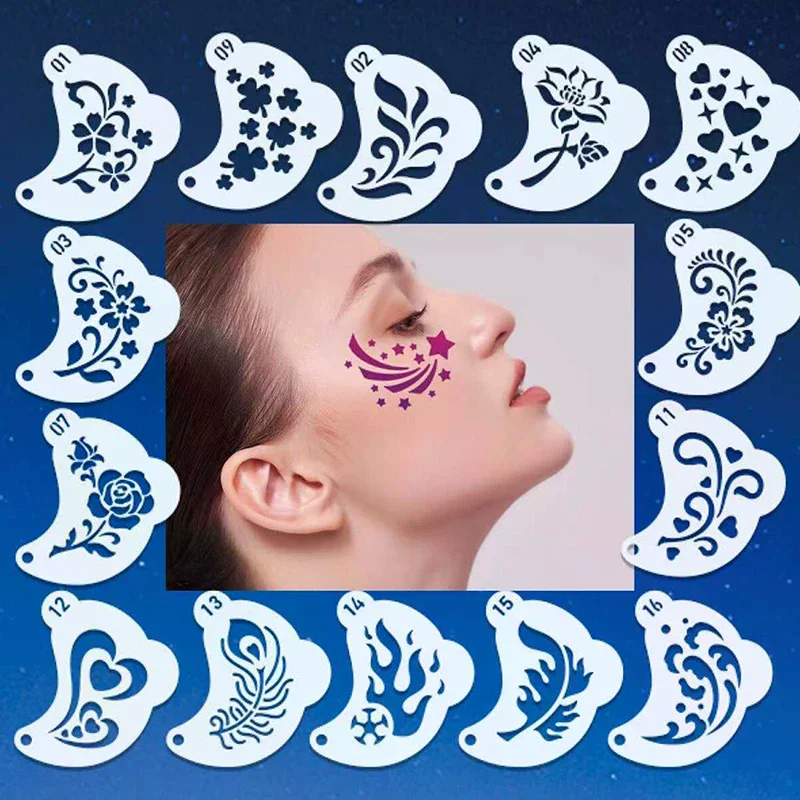 16Pcs Face Painting Tattoo Stencil Set Reusable Hollowed Body Art Paint Stencils DIY Eyebrow Templates Hand Drawn Spray Painting
