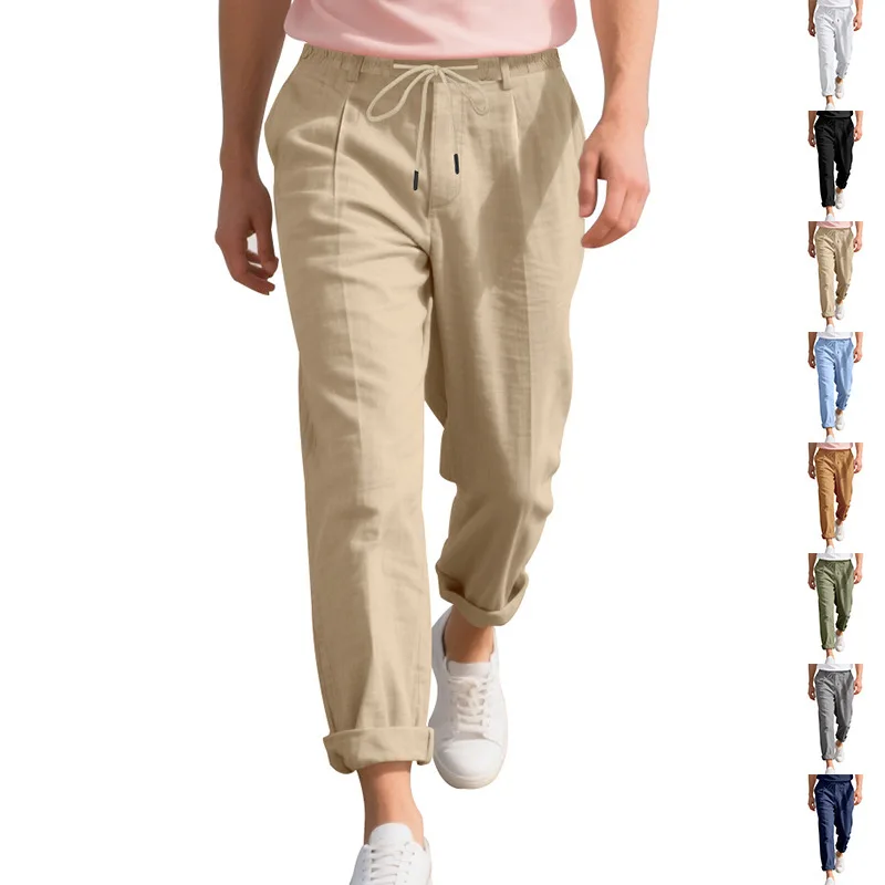 

Cotton Linen Men's Casual Pants Summer Loose Straight Leg Naples Style Wide-Leg Long Pants for Men