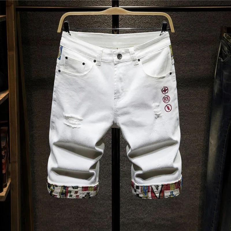 New Summer Fashion Trend Ripped Straight Tube Printed Denim Shorts Men's Casual Loose Comfortable Sports High Quality Pants - Image 4