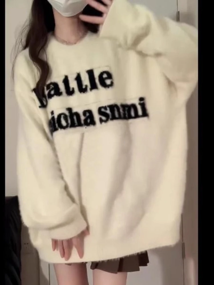 

plus Size School Girl Thiened Fce Lapin Sweater Autumn Winter Lazy Sle High School Student Knitted Long Sve Top