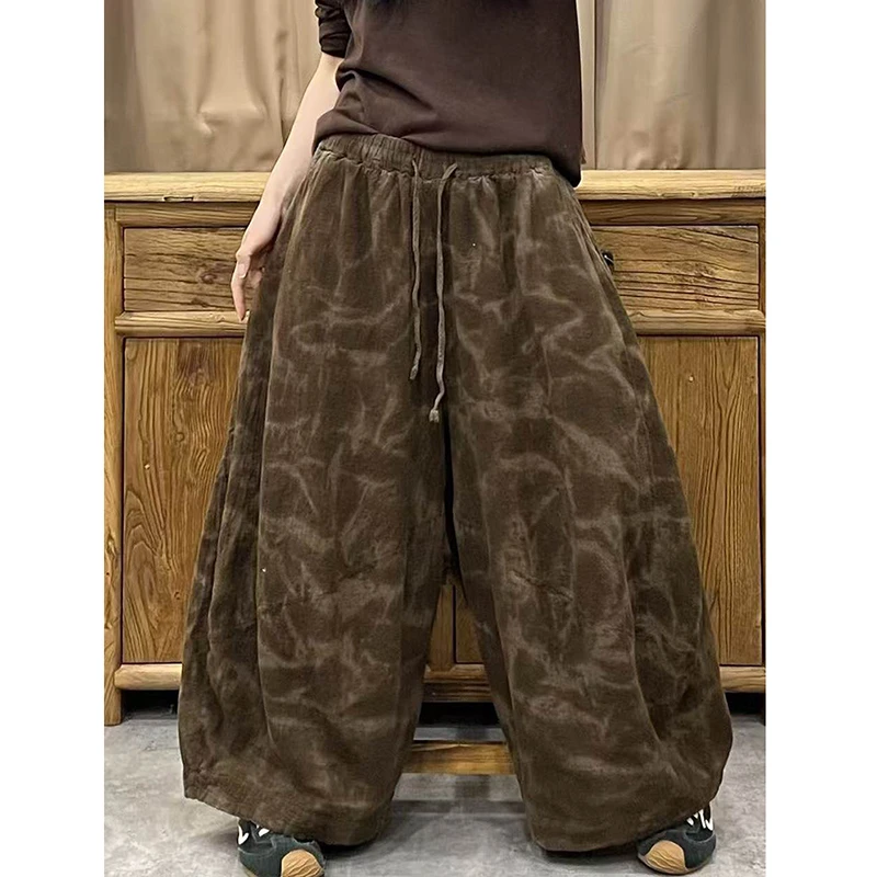 

26 New Arrival Spring & Autumn Women High Waist Ankle-length Pants Casual Loose Cotton Elastic Waist Tie Dye Wide Leg Pants J189