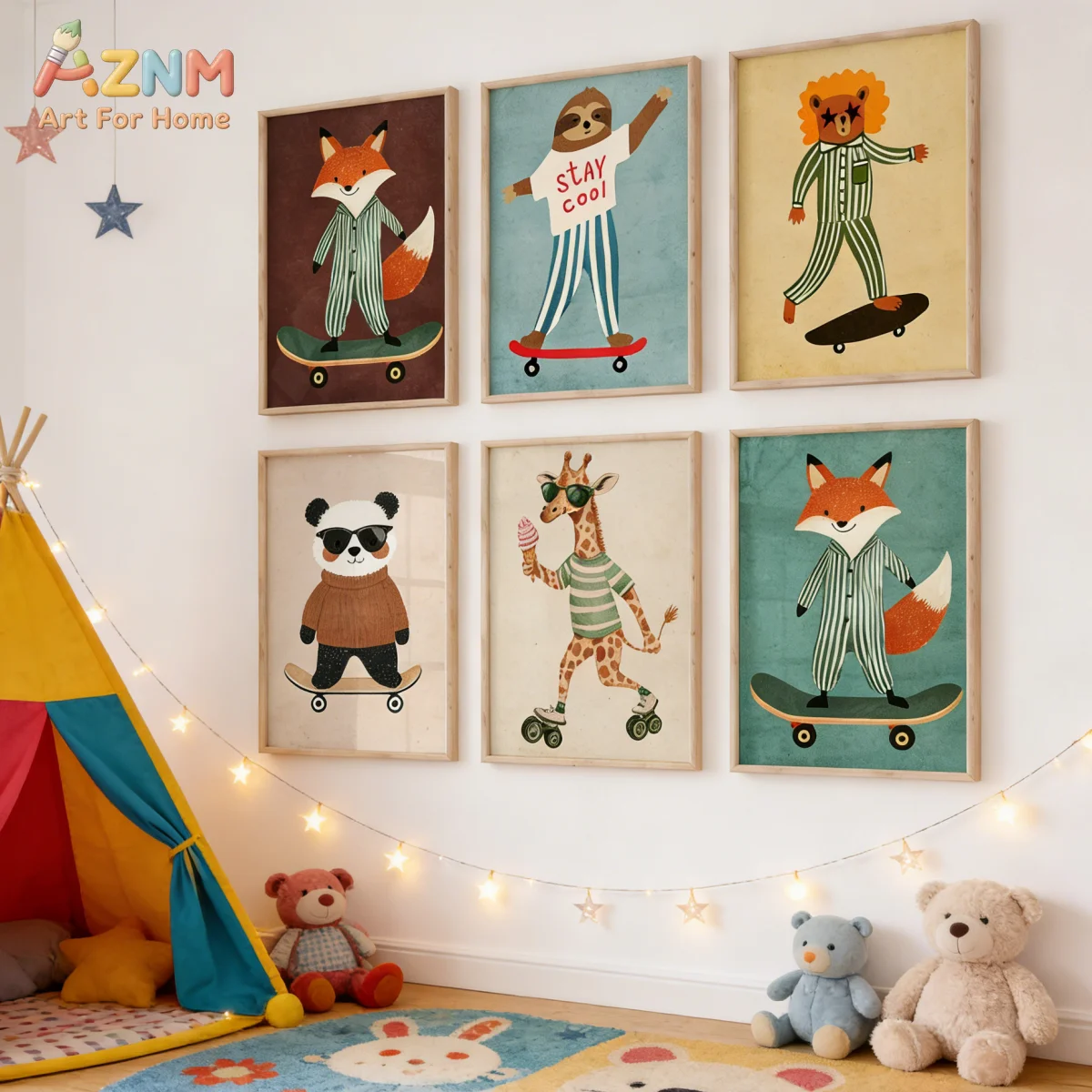 AZNM Cool Skateboard Animal Canvas Print Fox Sloth Lion Panda Giraffe In Pajamas Sunglasses Ice Cream Boys Kids Nursery Bedroom