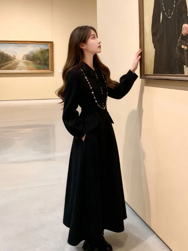 

Ele Bla шерстяное пальто Hepburn Sle с поясом на талии и отложным воротником в Корейском стиле, высококачественная зимняя женская верхняя одежда